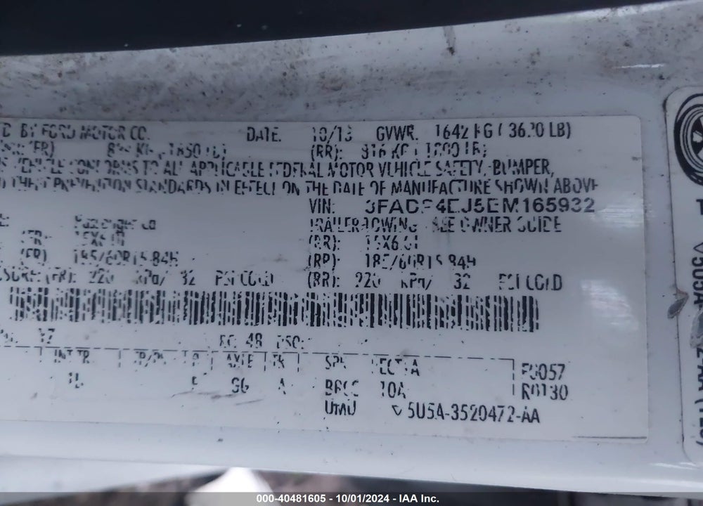 2014 FORD FIESTA SE VIN: 3FADP4EJ5EM165932