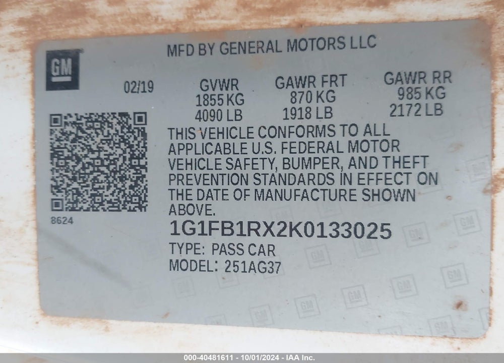 2019 CHEVROLET CAMARO 1LT VIN: 1G1FB1RX2K0133025