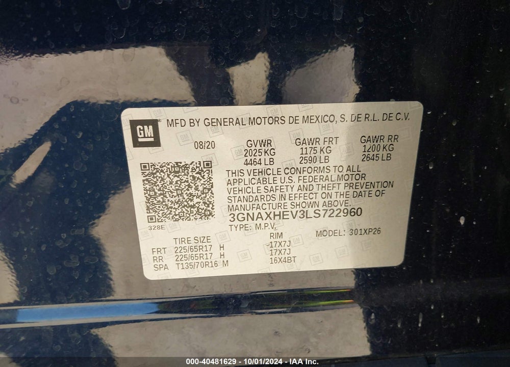 2020 CHEVROLET EQUINOX FWD LS VIN: 3GNAXHEV3LS722960