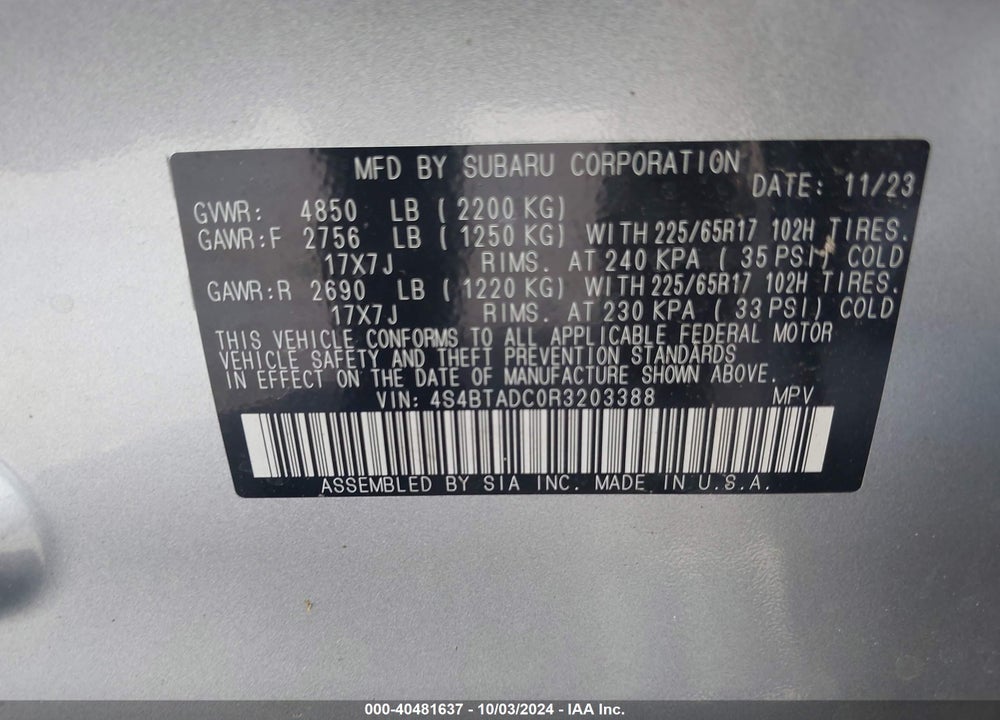 2024 SUBARU OUTBACK PREMIUM VIN: 4S4BTADC0R3203388