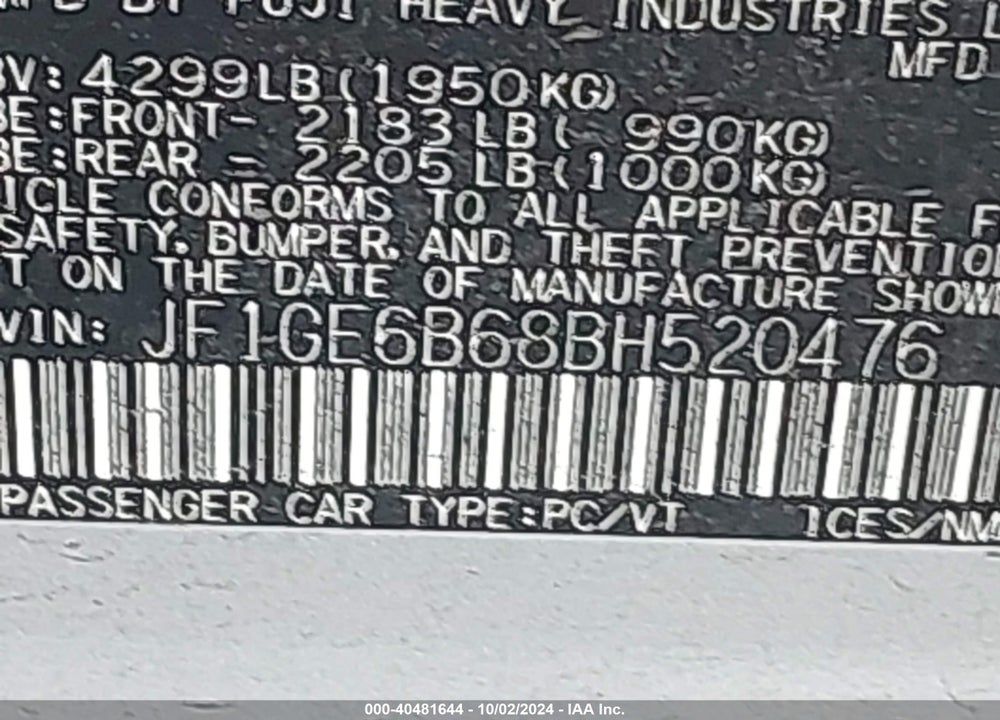 2011 SUBARU IMPREZA 2.5I PREMIUM VIN: JF1GE6B68BH520476
