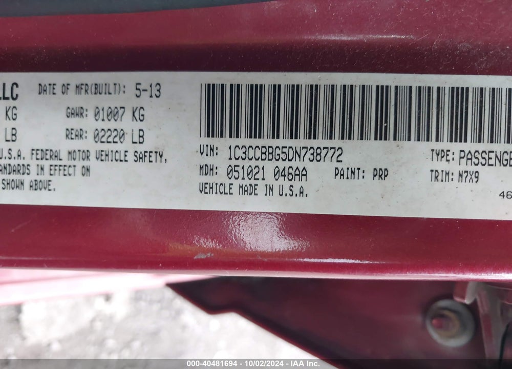 2013 CHRYSLER 200 TOURING VIN: 1C3CCBBG5DN738772