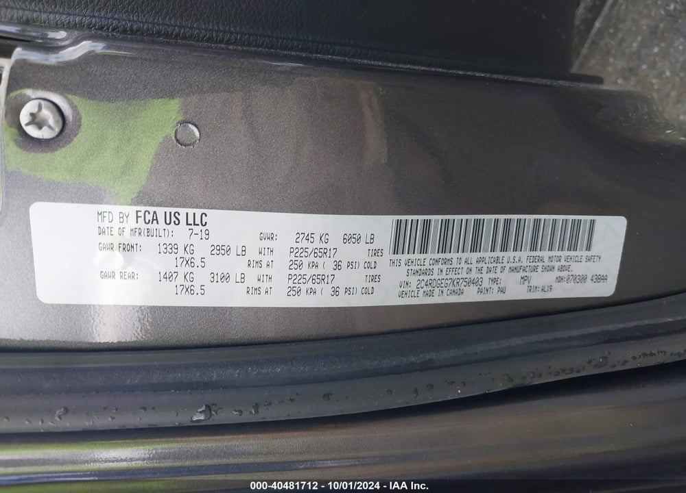 2019 DODGE GRAND CARAVAN GT VIN: 2C4RDGEG7KR750403