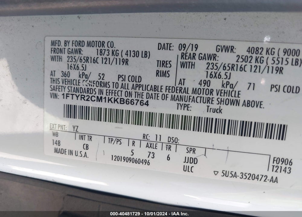 2019 FORD TRANSIT-250 VIN: 1FTYR2CM1KKB66764