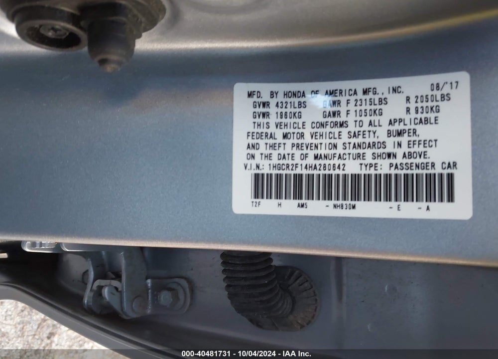 2017 HONDA ACCORD SPORT SE VIN: 1HGCR2F14HA280642