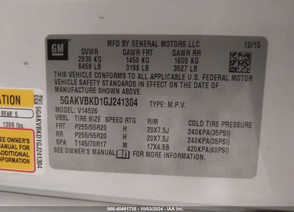 2016 BUICK ENCLAVE LEATHER VIN: 5GAKVBKD1GJ241304