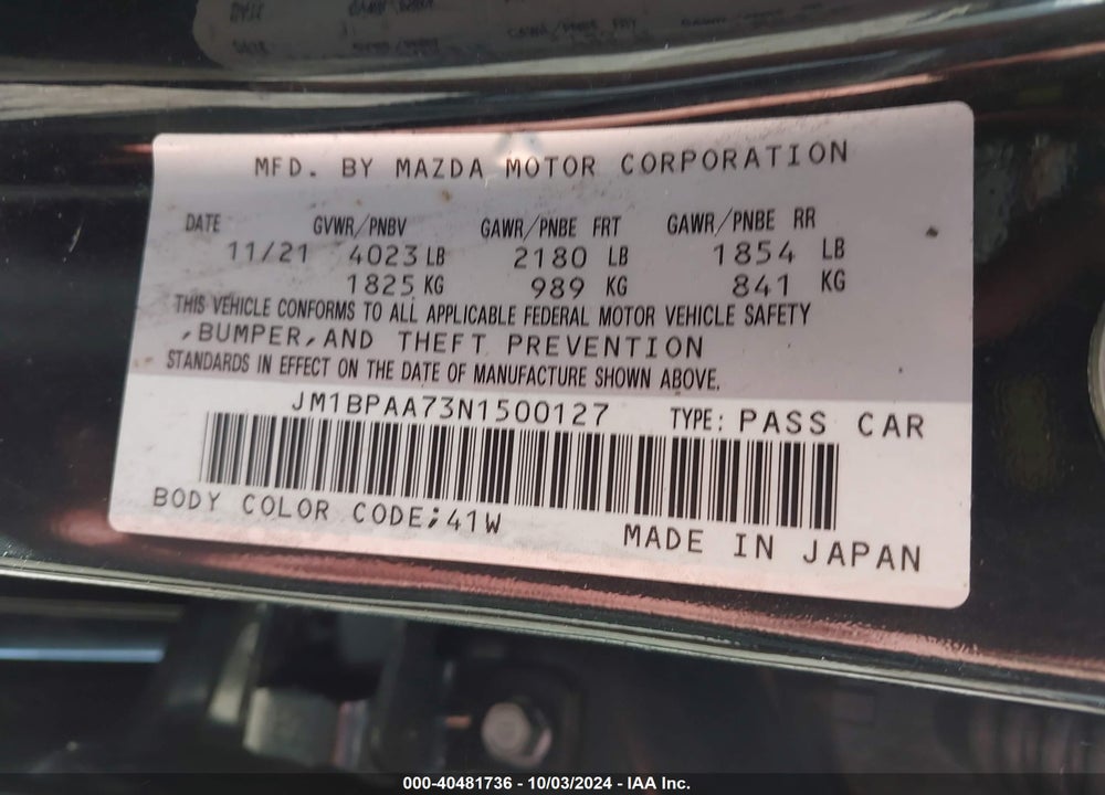 2022 MAZDA 3 2.0 VIN: JM1BPAA73N1500127