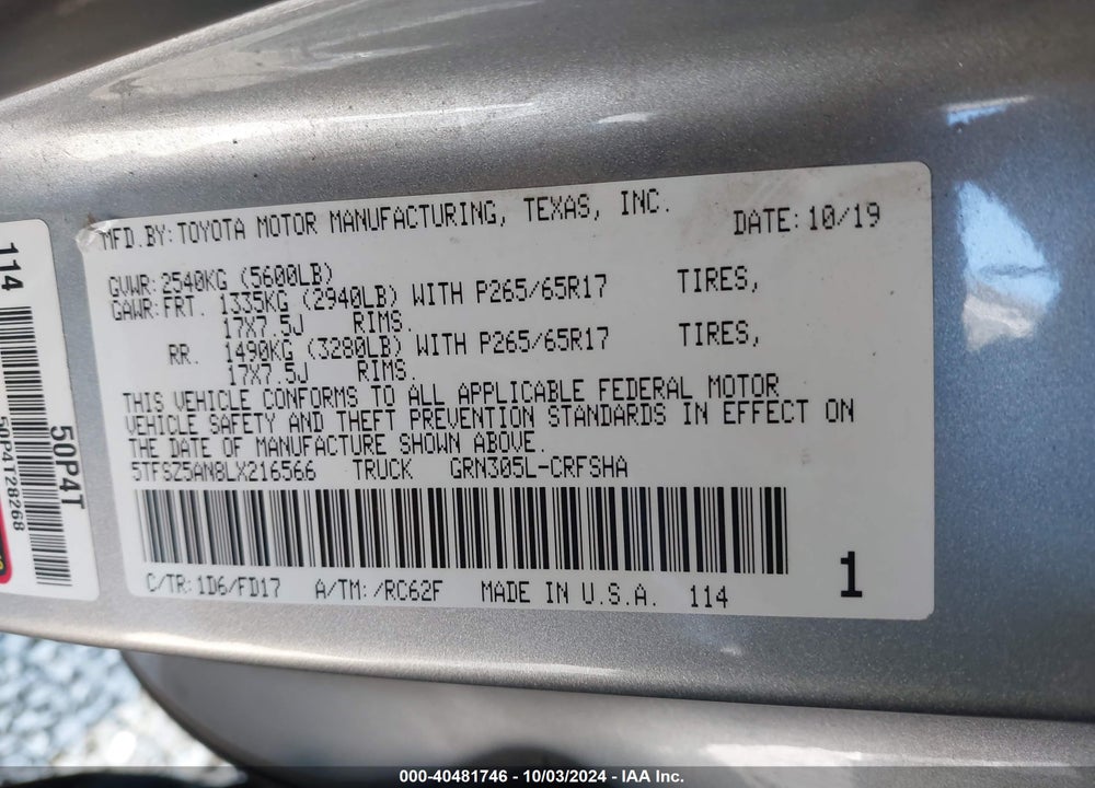 2020 TOYOTA TACOMA TRD SPORT VIN: 5TFSZ5AN8LX216566