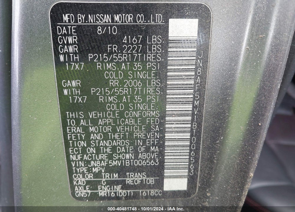 2011 NISSAN JUKE SL VIN: JN8AF5MV1BT006563