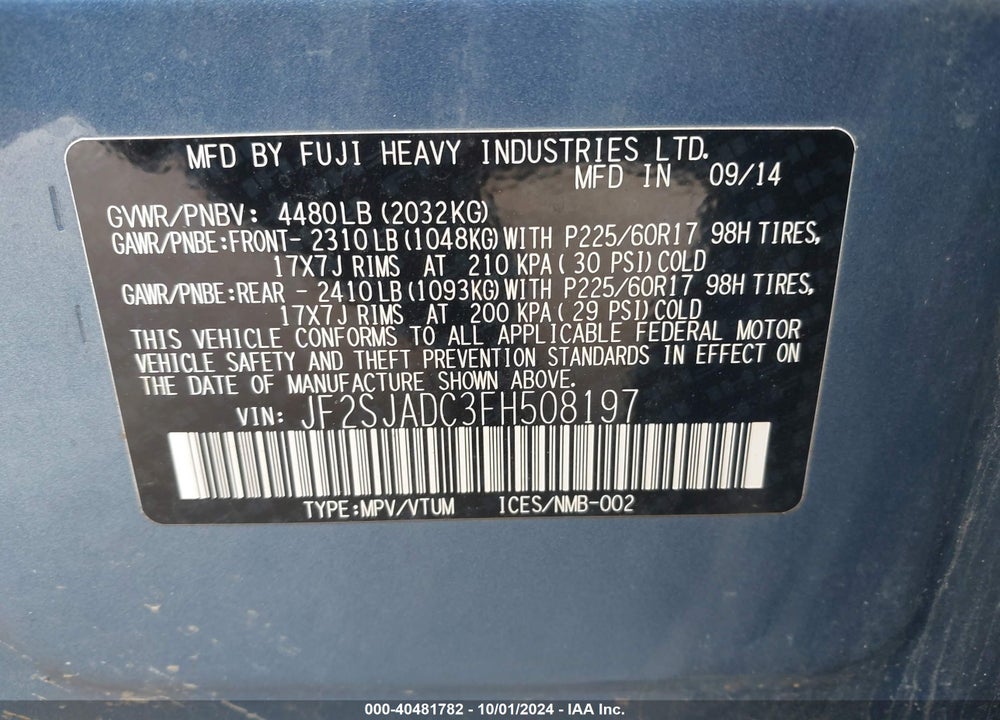2015 SUBARU FORESTER 2.5I PREMIUM VIN: JF2SJADC3FH508197