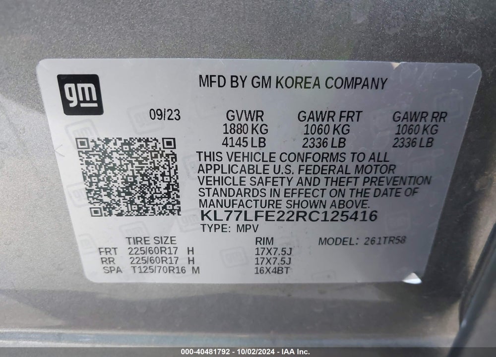 2024 CHEVROLET TRAX FWD SP VIN: KL77LFE22RC125416