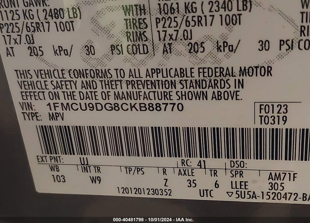 2012 FORD ESCAPE XLT VIN: 1FMCU9DG8CKB88770