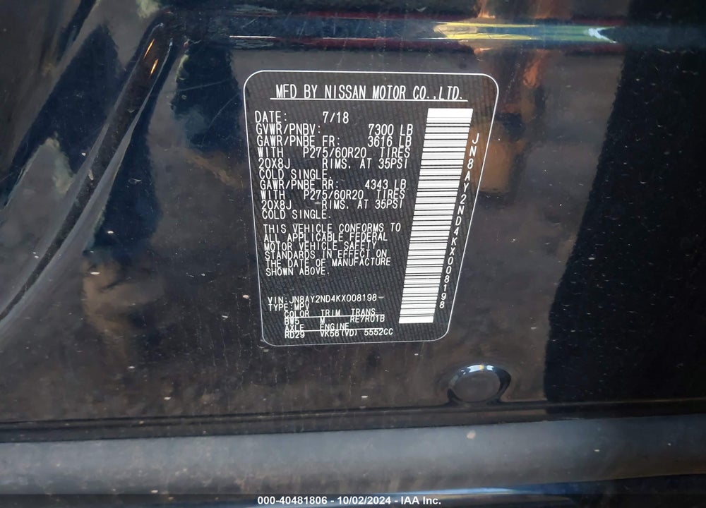 2019 NISSAN ARMADA SL VIN: JN8AY2ND4KX008198