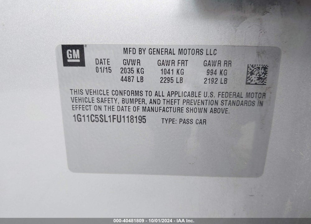 2015 CHEVROLET MALIBU 1LT VIN: 1G11C5SL1FU118195