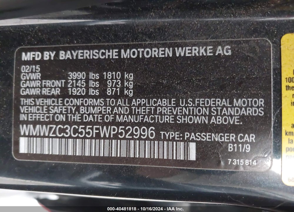 2015 MINI COUNTRYMAN COOPER S VIN: WMWZC3C55FWP52996