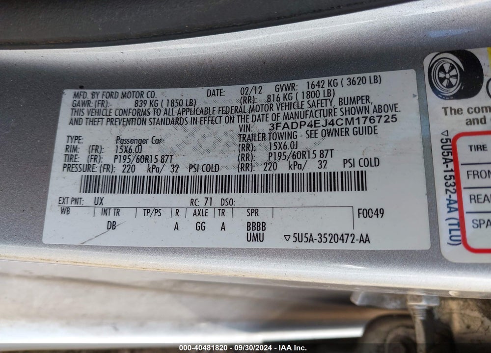 2012 FORD FIESTA SE VIN: 3FADP4EJ4CM176725
