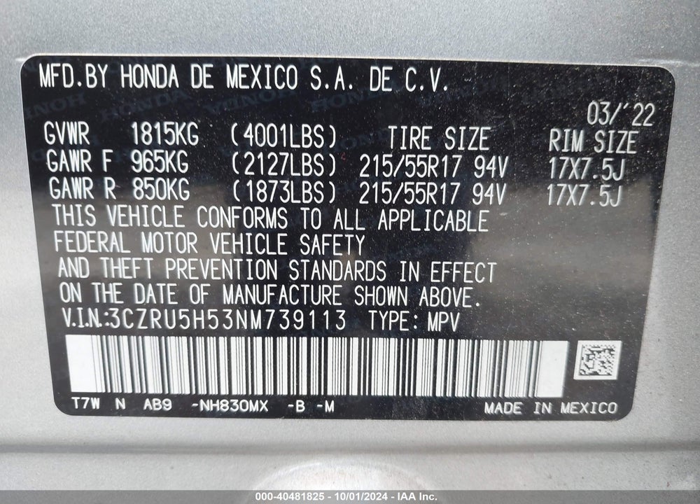 2022 HONDA HR-V 2WD EX VIN: 3CZRU5H53NM739113