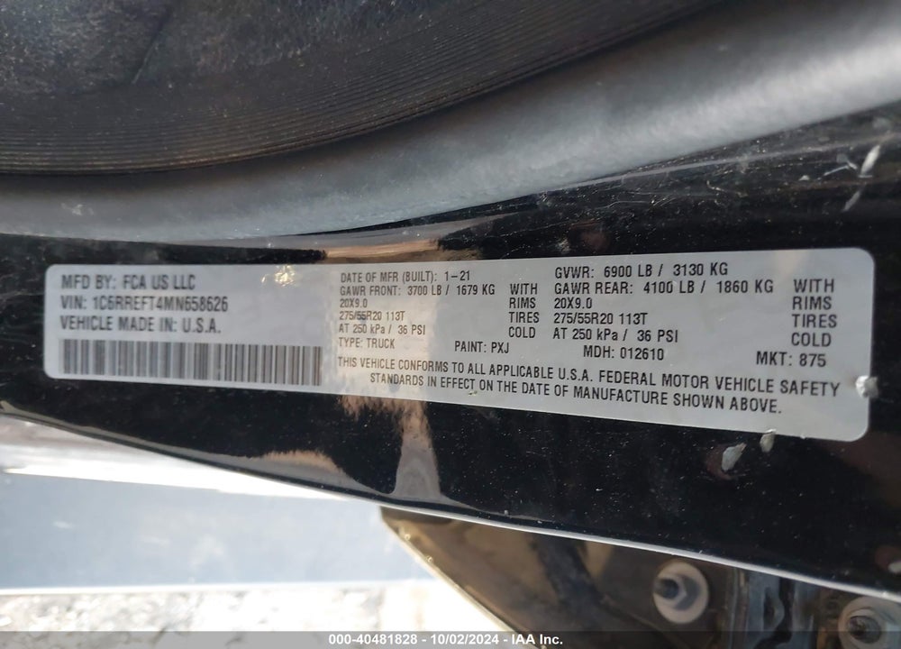 2021 RAM 1500 VIN: 1C6RREFT4MN658626