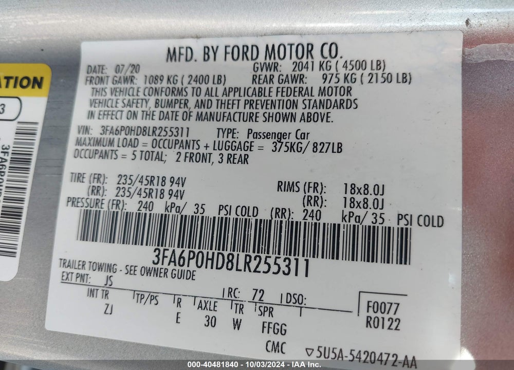 2020 FORD FUSION SE VIN: 3FA6P0HD8LR255311