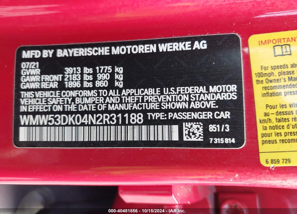 2022 MINI HARDTOP COOPER S VIN: WMW53DK04N2R31188