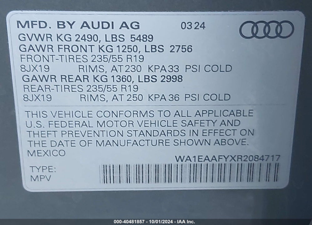 2024 AUDI Q5 PREMIUM PLUS 45 TFSI S LINE QUATTRO VIN: WA1EAAFYXR2084717