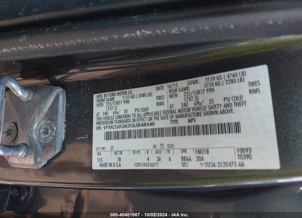 2016 FORD ESCAPE SE VIN: 1FMCU0G93GUB48549