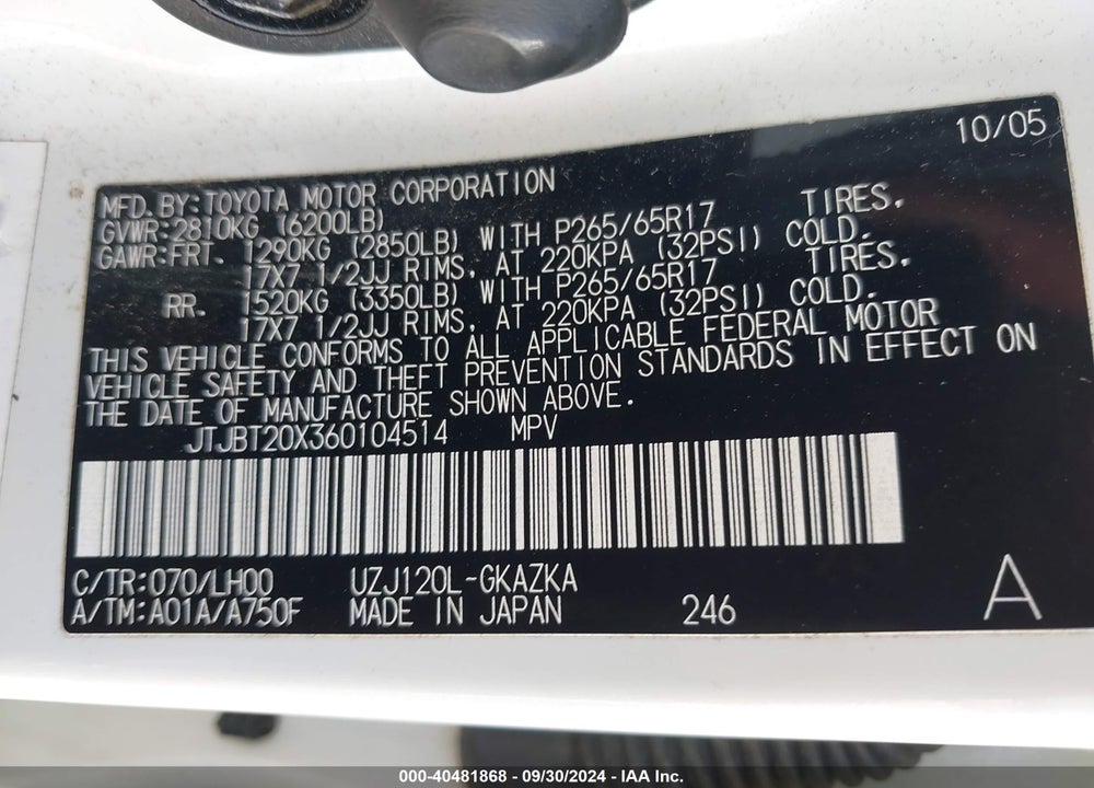 2006 LEXUS GX 470 VIN: JTJBT20X360104514