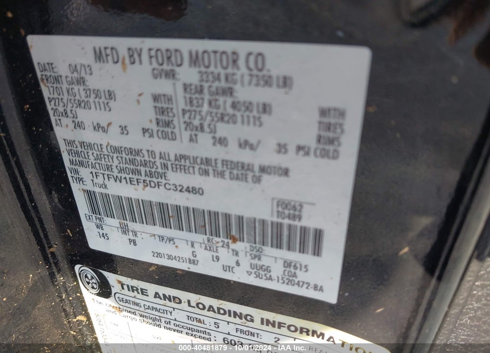 2013 FORD F-150 PLATINUM VIN: 1FTFW1EF5DFC32480