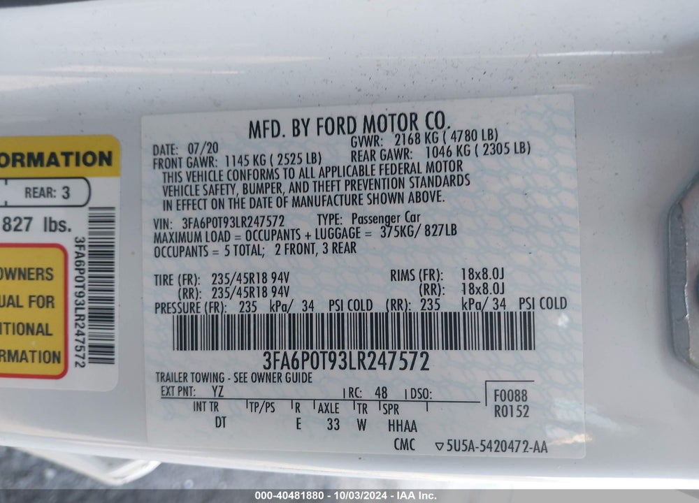 2020 FORD FUSION SE VIN: 3FA6P0T93LR247572
