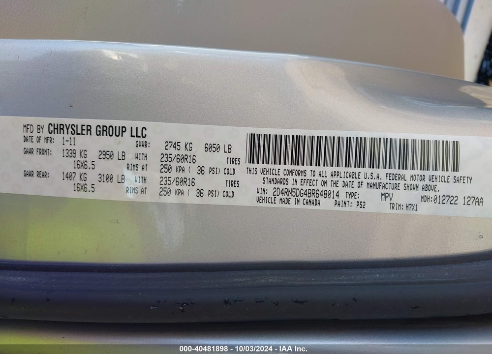 2011 DODGE GRAND CARAVAN CREW VIN: 2D4RN5DG4BR648014