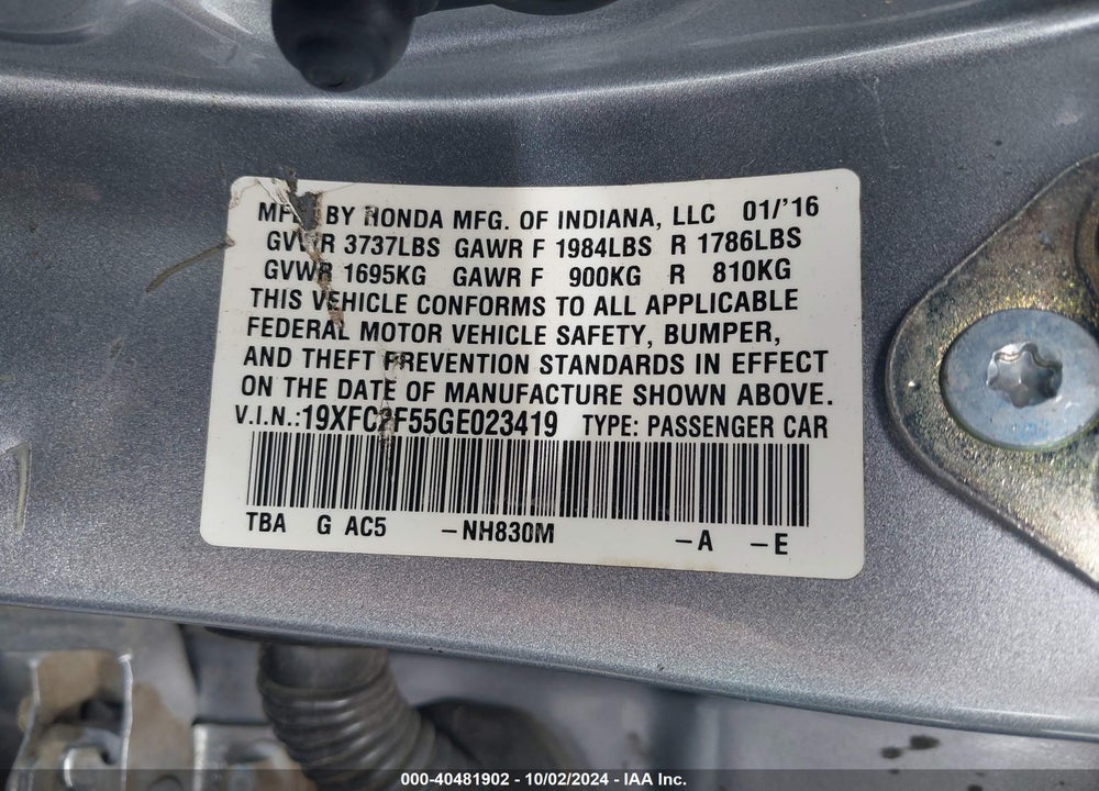 2016 HONDA CIVIC VIN: 19XFC2F55GE023419
