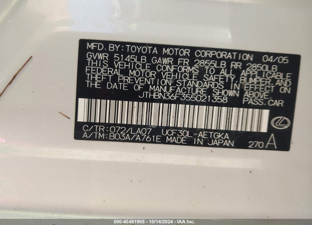 2005 LEXUS LS 430 VIN: JTHBN36F355021358
