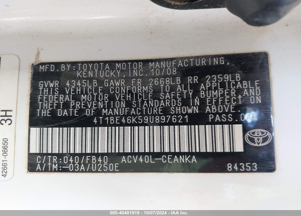 2009 TOYOTA CAMRY LE VIN: 4T1BE46K59U897621