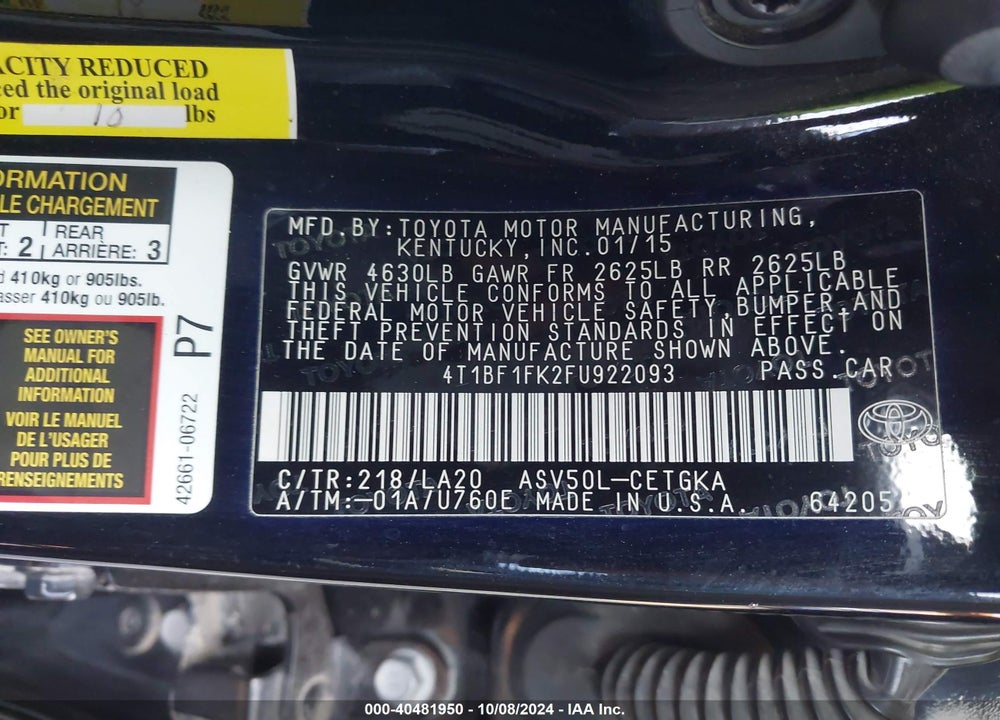2015 TOYOTA CAMRY XLE VIN: 4T1BF1FK2FU922093
