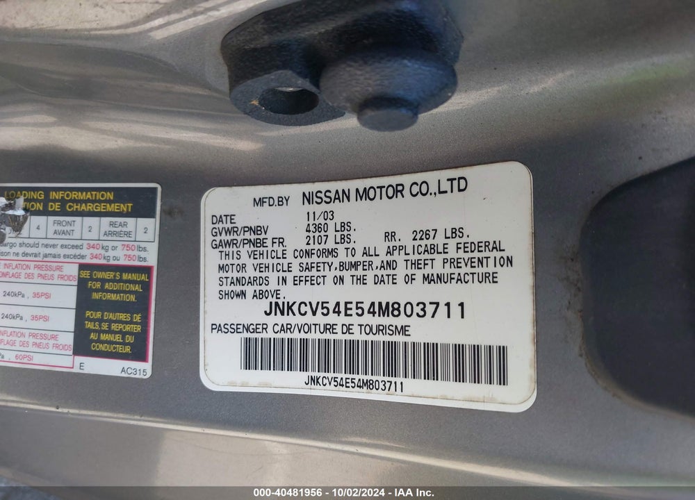 2004 INFINITI G35 VIN: JNKCV54E54M803711