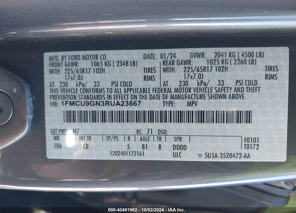 2024 FORD ESCAPE ACTIVE VIN: 1FMCU9GN3RUA23667