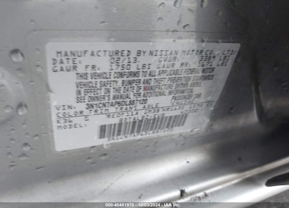 2013 NISSAN VERSA 1.6 SV VIN: 3N1CN7AP6DL887120