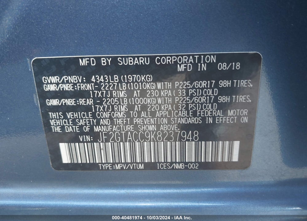 2019 SUBARU CROSSTREK 2.0I PREMIUM VIN: JF2GTACC9K8237948