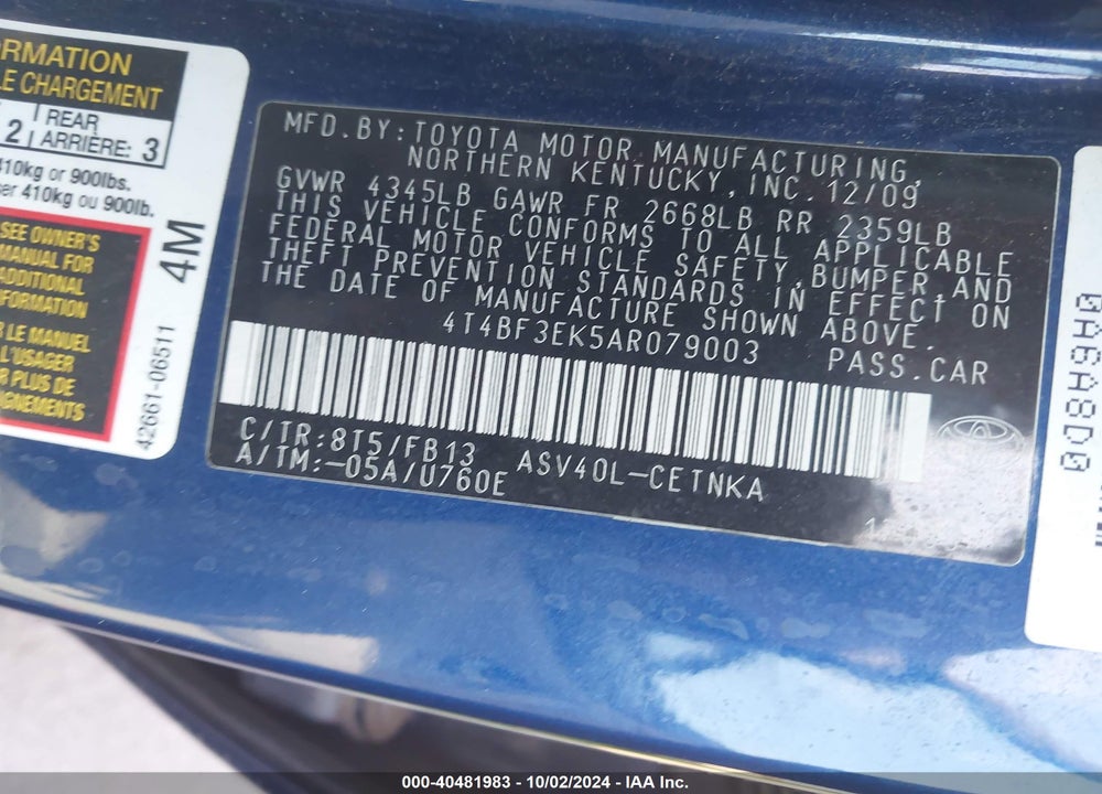 2010 TOYOTA CAMRY LE VIN: 4T4BF3EK5AR079003
