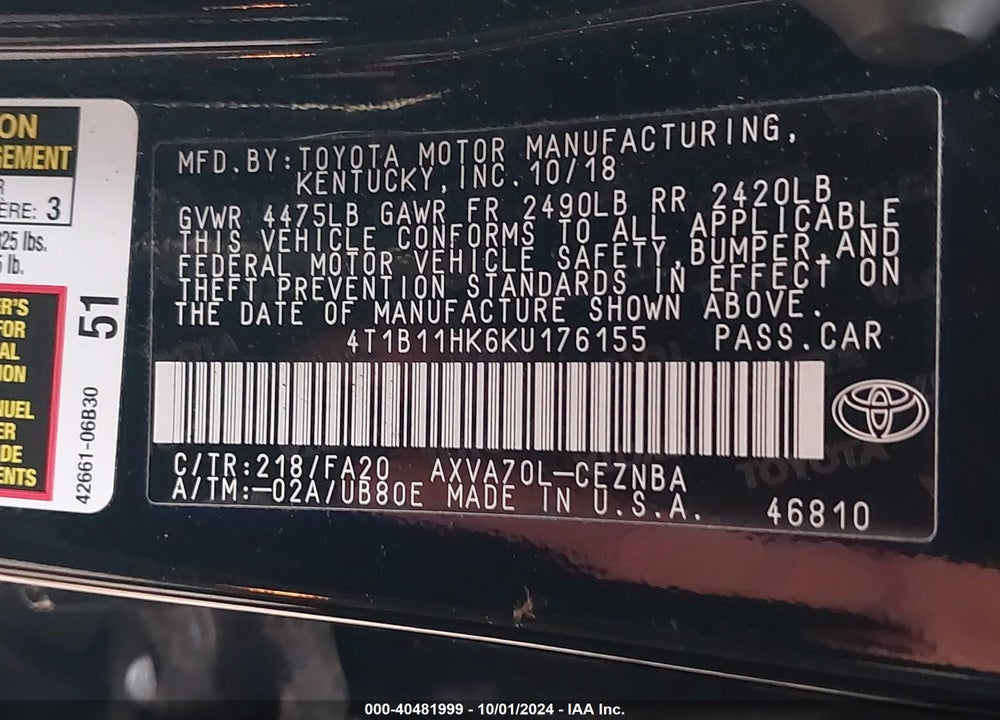 2019 TOYOTA CAMRY LE VIN: 4T1B11HK6KU176155