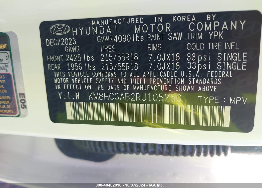2024 HYUNDAI KONA SEL VIN: KM8HC3AB2RU105250