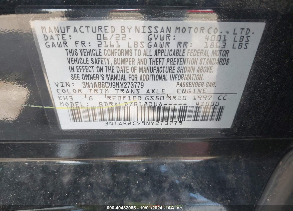 2022 NISSAN SENTRA SV XTRONIC CVT VIN: 3N1AB8CV9NY273779