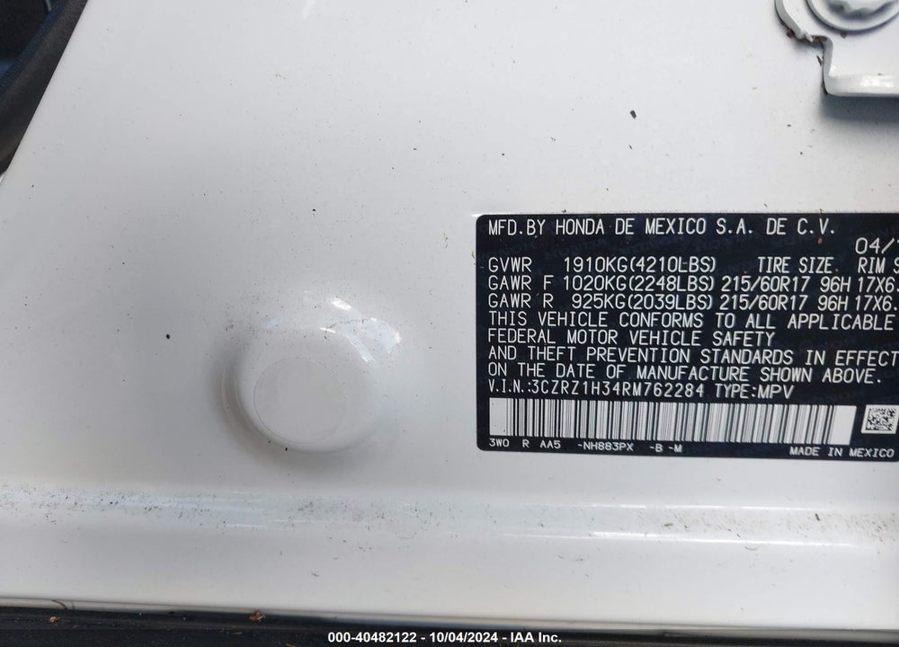 2024 HONDA HR-V 2WD LX VIN: 3CZRZ1H34RM762284