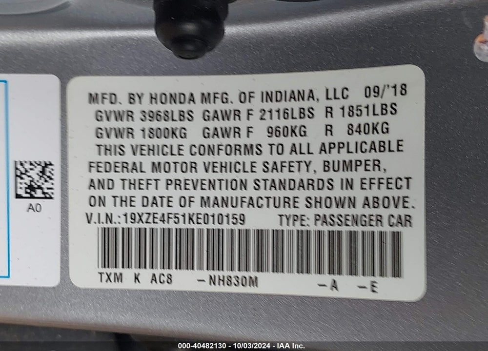 2019 HONDA INSIGHT EX VIN: 19XZE4F51KE010159