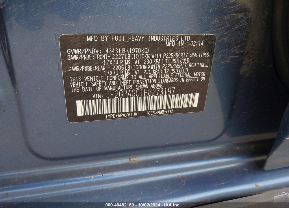 2014 SUBARU XV CROSSTREK 2.0I LIMITED VIN: JF2GPAGC1E8273197