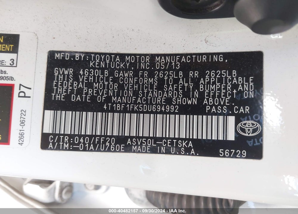 2013 TOYOTA CAMRY SE VIN: 4T1BF1FK5DU694992