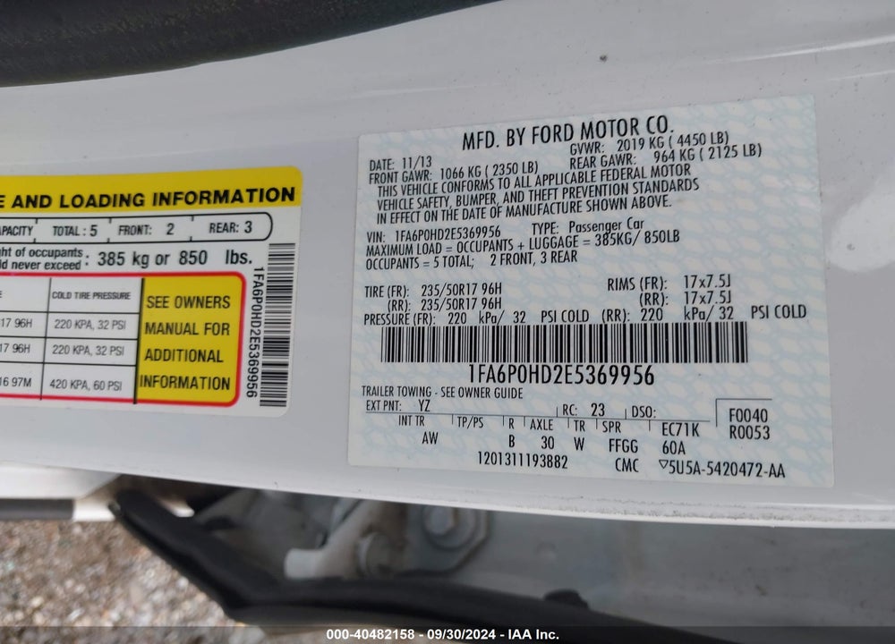 2014 FORD FUSION SE VIN: 1FA6P0HD2E5369956