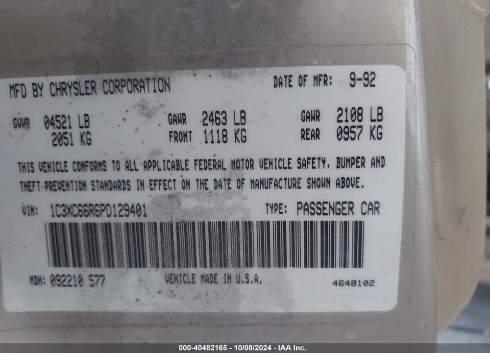1993 CHRYSLER NEW YORKER C-BODY SALON VIN: 1C3XC66R6PD129401