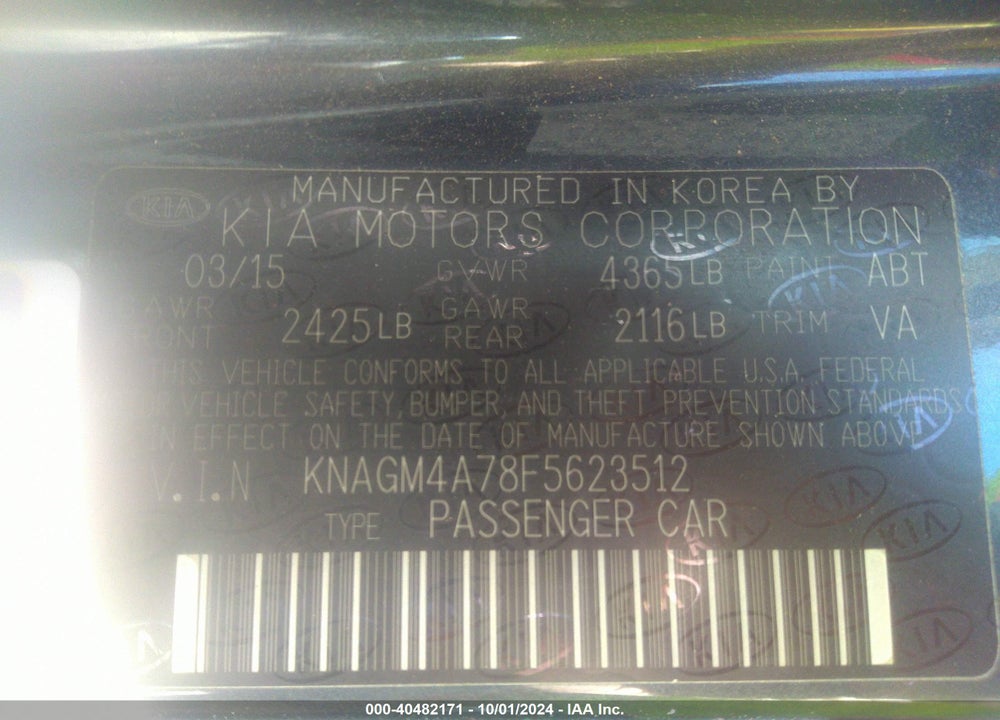 2015 KIA OPTIMA VIN: KNAGM4A78F5623512