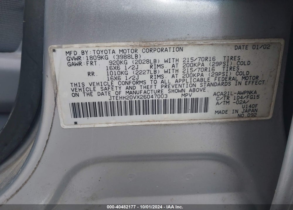 2002 TOYOTA RAV4 VIN: JTEHH20VX26047003